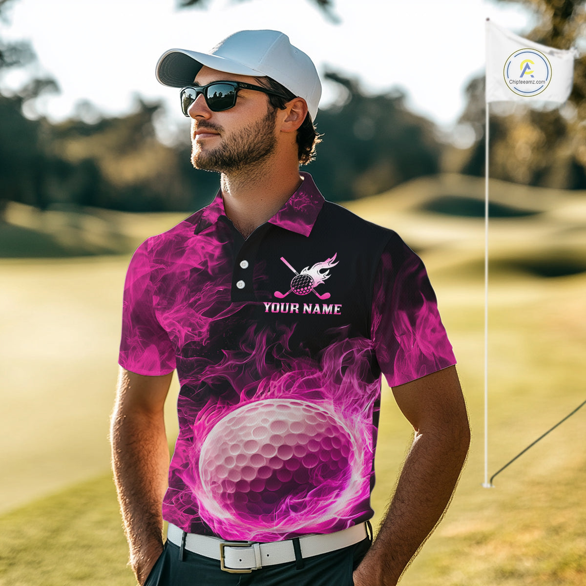 Black and Pink Flame Golf Ball Mens Golf polo shirts custom name golf outfit for men golf clothes NQS9869