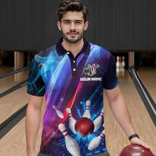 Load image into Gallery viewer, Personalized Galaxy Bowling Pins and Ball Shirt Blue &amp; Purple Neon Polo Bowling Team League QZT664