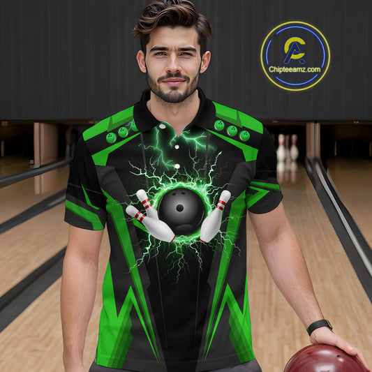 Black Men bowling Polo, Quarter Zip shirt Custom lightning thunder team league bowling jersey | Green NQS10374