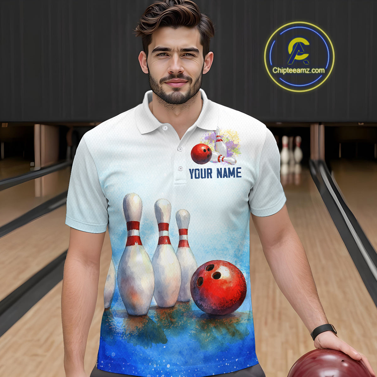 Watercolor Blue Bowling Shirts for Men Women Team Bowling Jersey for Bowlers MBL142