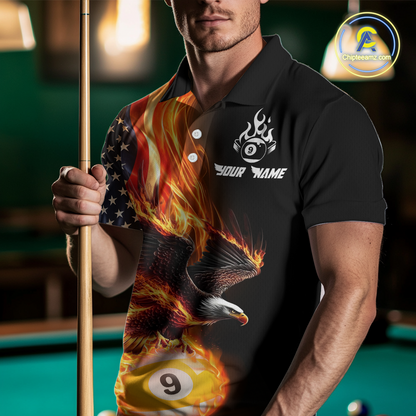 Custom 9 Ball American Flag Flaming Billiard Shirts for Men Billiard Team Shirt Billiard League NNT72
