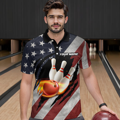 American Flag Bowling Shirt Fire Patriotic Bowling Shirts for Men Women Bowling Jersey MBL19