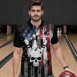 Personalized Skull Bowling Shirt for Men, Custom Team's Name American Flag Cool Bowler Jersey NBP128