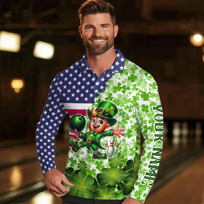 American flag St Patrick day shamrock pattern custom Team Bowling Polo, Quarter Zip shirt for Men NQS9581