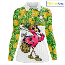 Load image into Gallery viewer, Golfing Flamingo Womens Funny Golf Polo Shirt Custom Yellow Pattern Pineapple Golf Ball Clothes Shirts NHT739