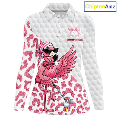 Pink Flamingo Golf Shirt For Women, Funny Leopard Patten Golf Polo Shirt, Ladies Golf Outfit For Team NHT732