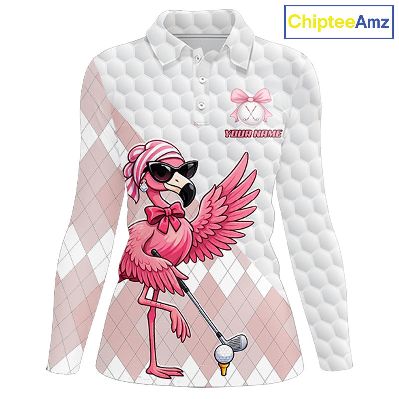 Pink Flamingo Golf Shirt For Women, Funny Argyle Patten Golf Polo Shirt, Ladies Golf Outfit For Team NHT731