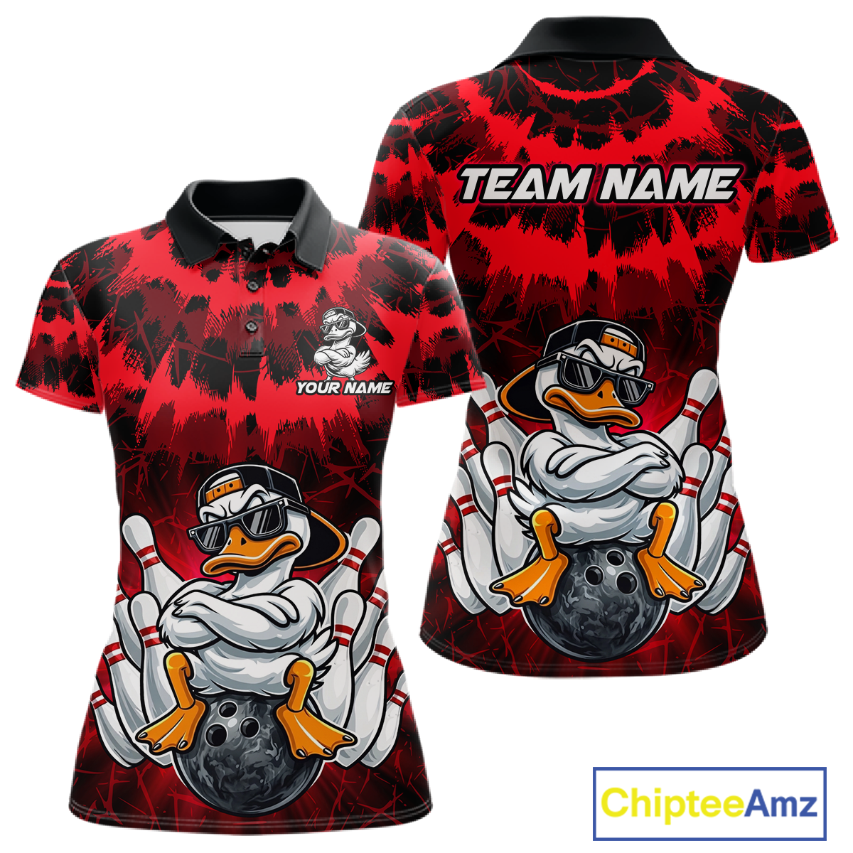 Custom Red Funny Duck Bowling Jersey for Women Bowling Uniform Polo & 1/4 Zip Bowling Team Shirts HNT238
