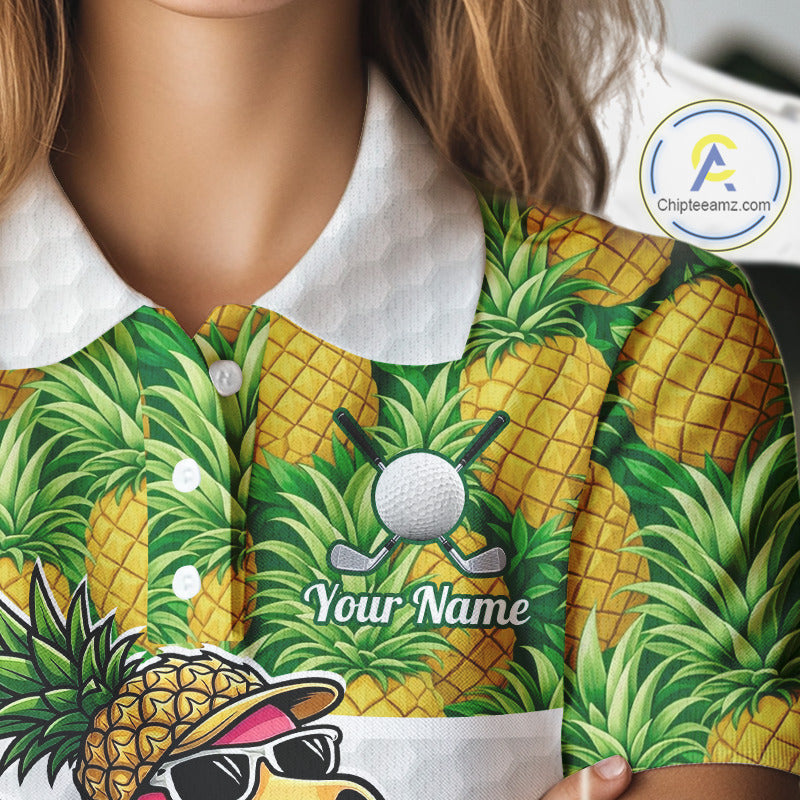 Golfing Flamingo Womens Funny Golf Polo Shirt Custom Yellow Pattern Pineapple Golf Ball Clothes Shirts NHT739