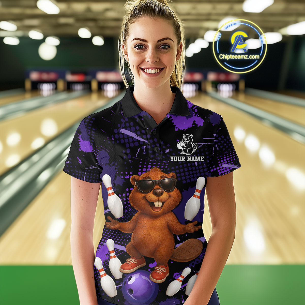 Custom Purple Funny Beaver Bowling Team Shirt Women Bowling League Jersey Polo Bowling Outfit QZT764