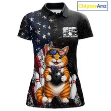 Load image into Gallery viewer, Women polo shirt with a cat bowling design and American flag elements