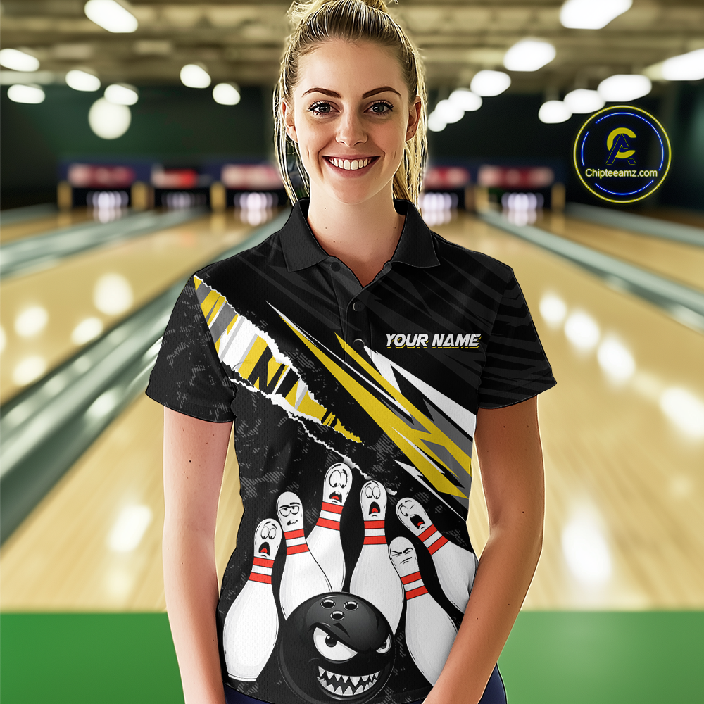 Custom Yellow Funny Bowling Jersey for Women Bowling Uniform Polo & 1/4 Zip Bowling Team Shirts HNT128