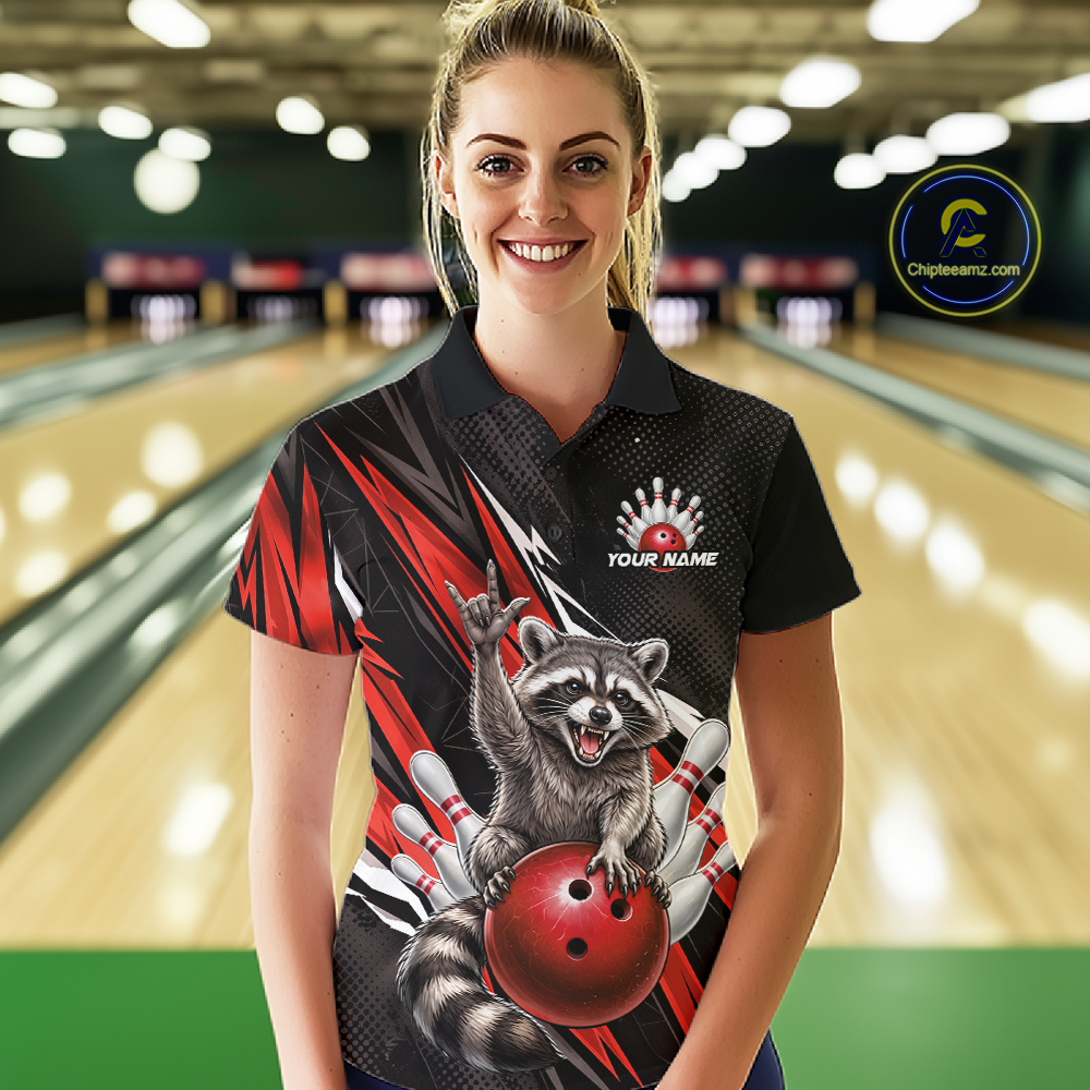Custom Red Raccoon Bowling Jersey for Women Bowling Team Shirts Bowling Polo & 1/4 Zip HNT254
