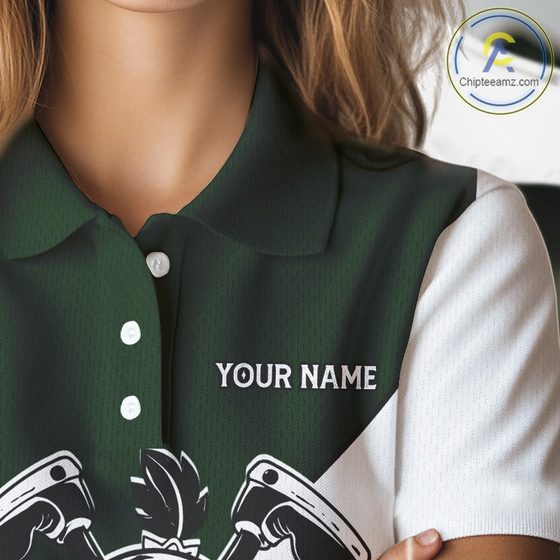 Green White Funny Golf Ball Pattern Womens Golf Polo Shirts Custom Golf Outfits Ladies, Green Golf Tops NHT785