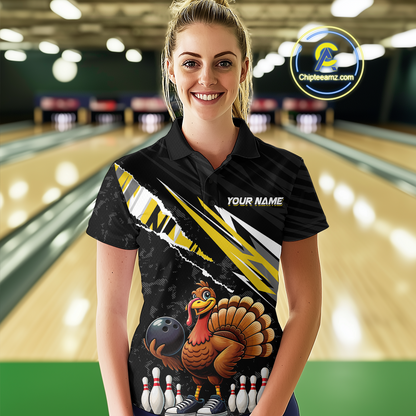 Custom Yellow Funny Turkey Bowling Jersey for Women Thanksgiving Bowling Shirts Polo & 1/4 Zip HNT117