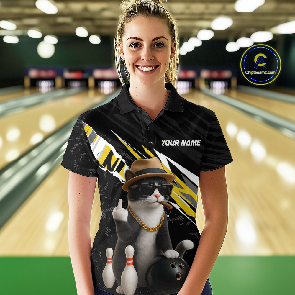 Custom Yellow Funny Cat Bowling Jersey for Women Bowling Shirt Polo & 1/4 Zip Bowling Team Shirts HNT136