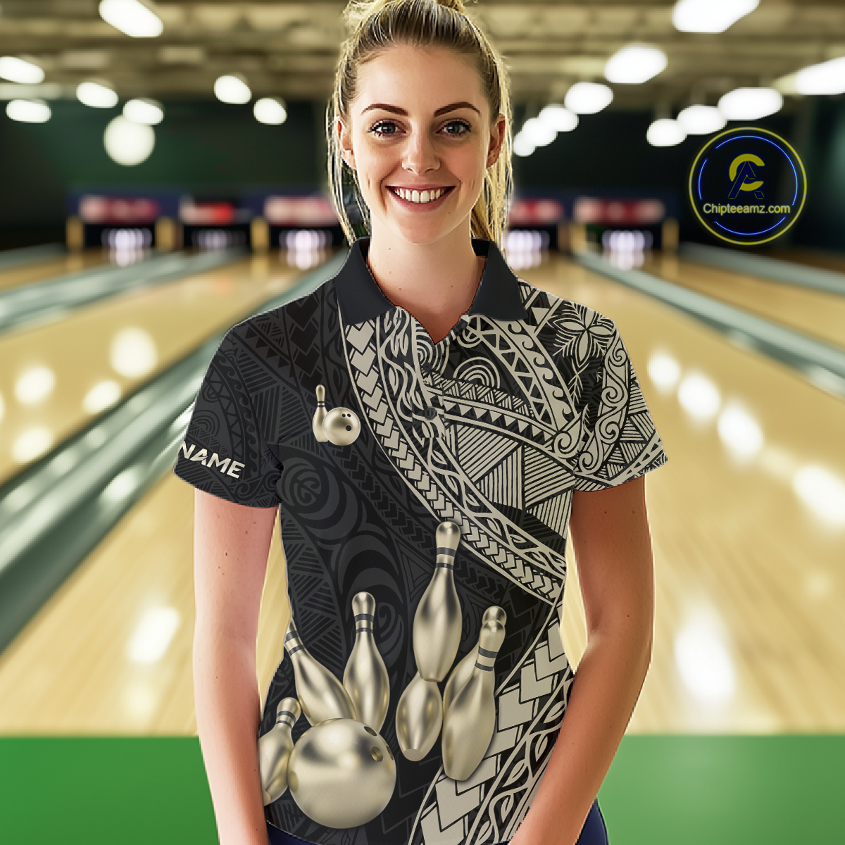 Black and Gold Tribal Pattern Bowling Jersey for Women Bowling Uniform Bowling Team Shirts HNT225