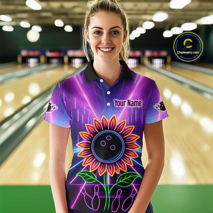 Custom Neon Lightning Sunflower Bowling Shirt Bowling Team Jersey for Women Bowling Polo QZT770