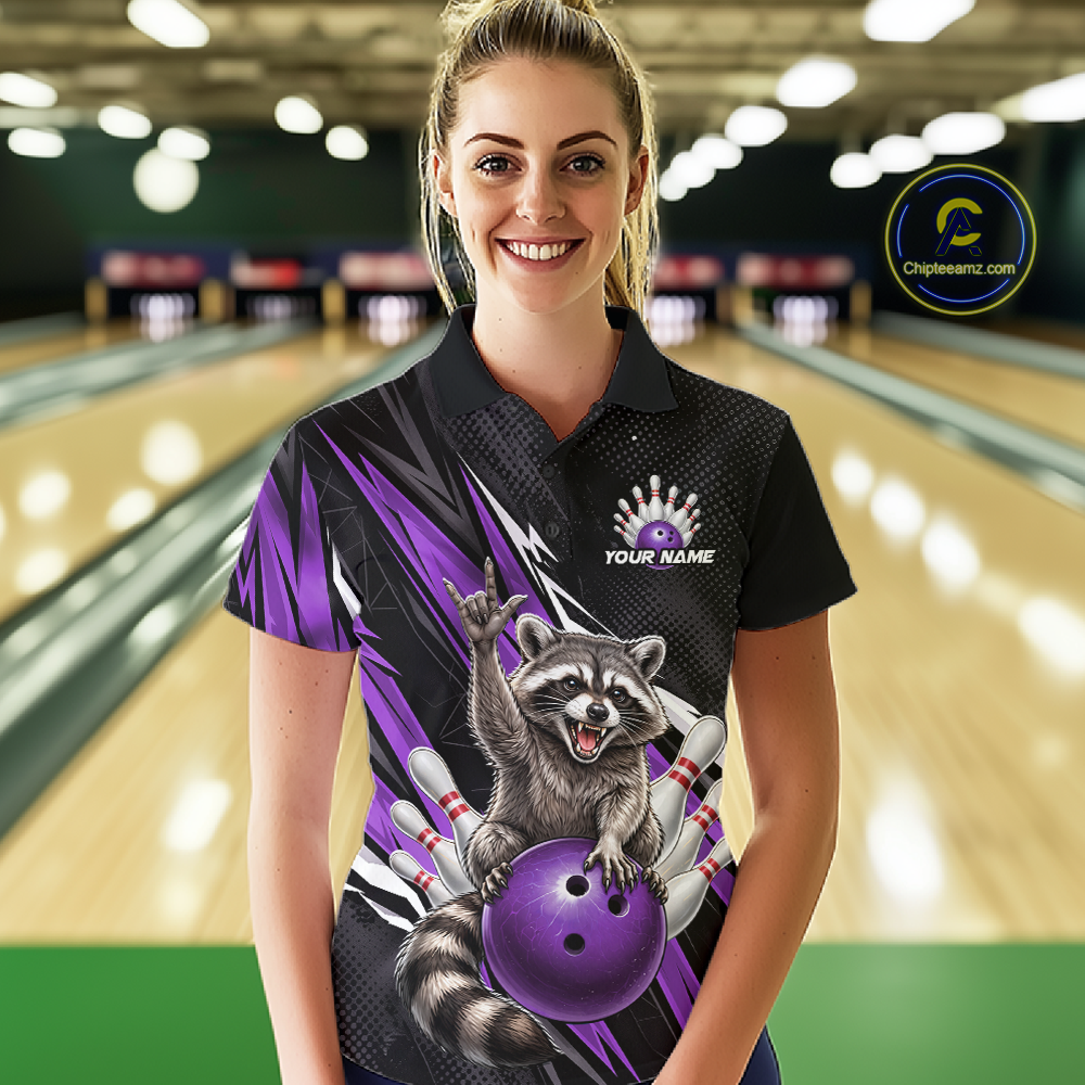 Custom Purple Raccoon Bowling Jersey for Women Bowling Team Shirts Bowling Polo & 1/4 Zip HNT254