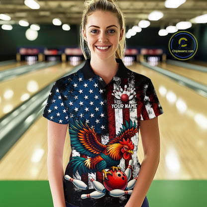 Custom Rooster US Flag Bowling Jersey for Women Bowling Team Shirts Bowling Polo & 1/4 Zip HNT259