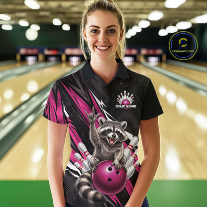 Custom Pink Raccoon Bowling Jersey for Women Bowling Team Shirts Bowling Polo & 1/4 Zip HNT254
