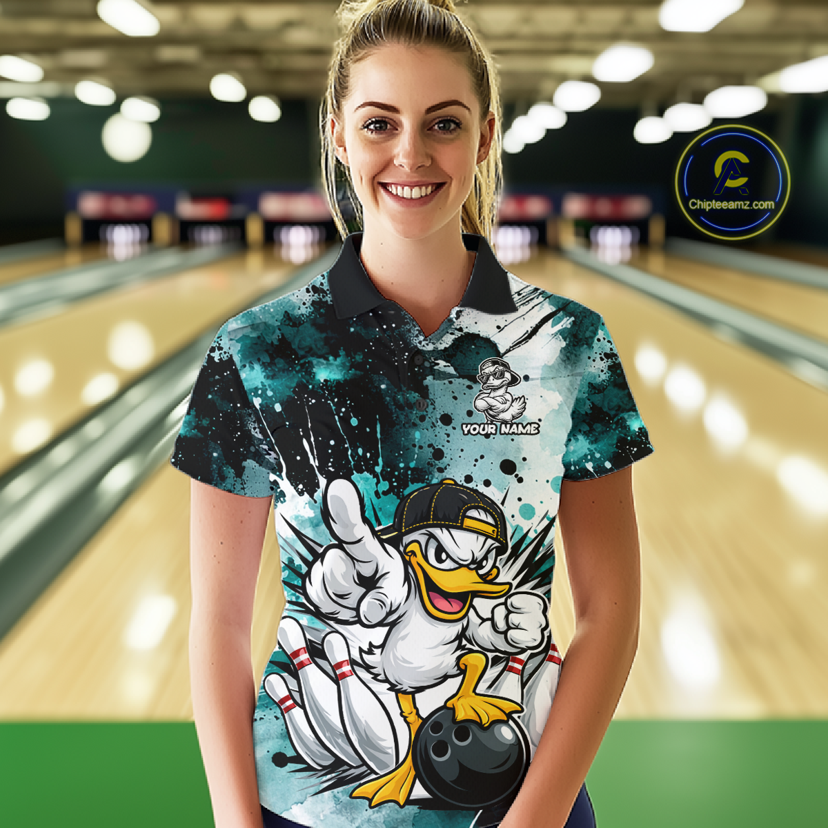 Custom Teal Funny Duck Bowling Jersey for Women Bowling Uniform Polo & 1/4 Zip Bowling Team Shirts HNT237