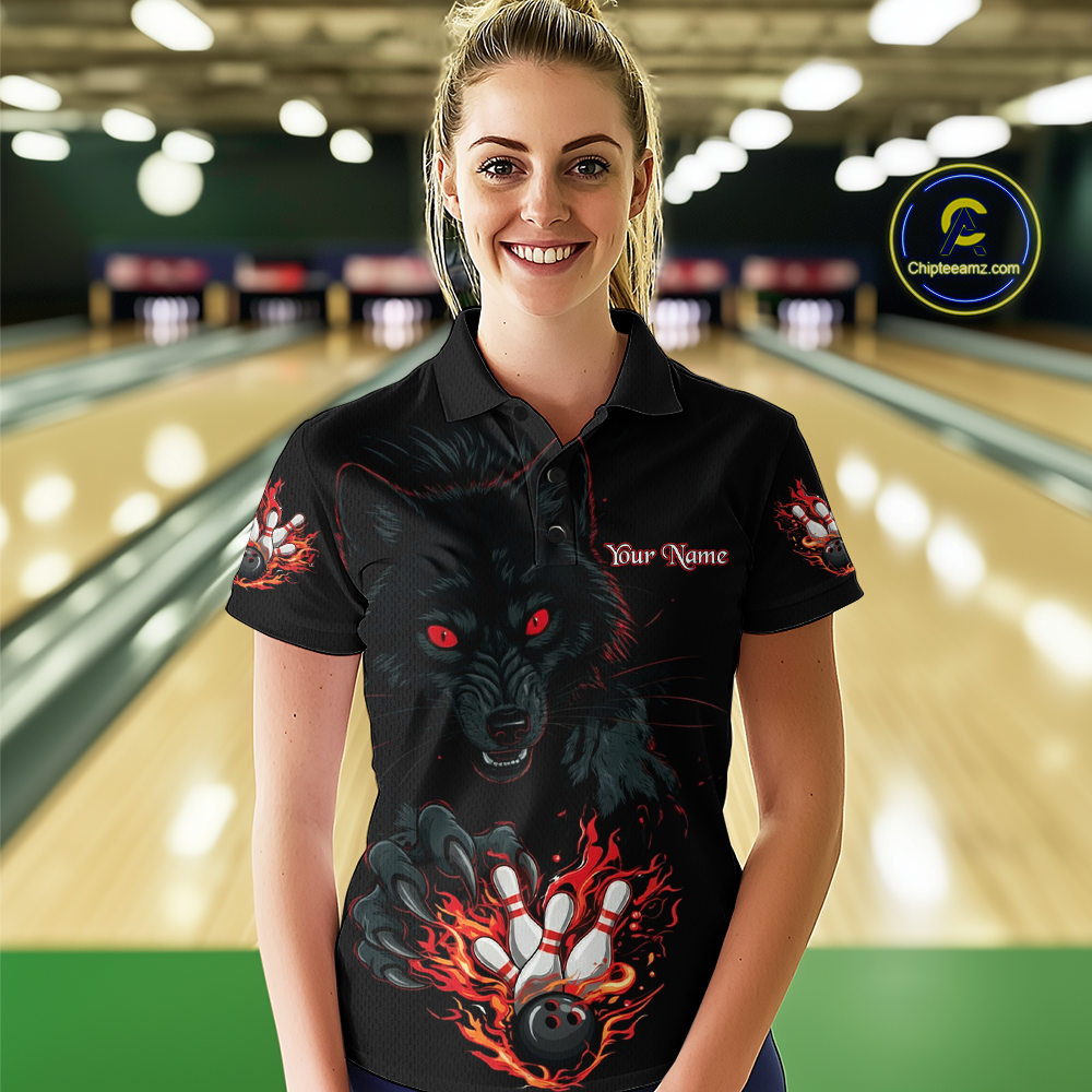 Custom Flame Wolf  Bowling Jersey for Women Bowling Uniform Polo & 1/4 Zip Bowling Team Shirts HNT144