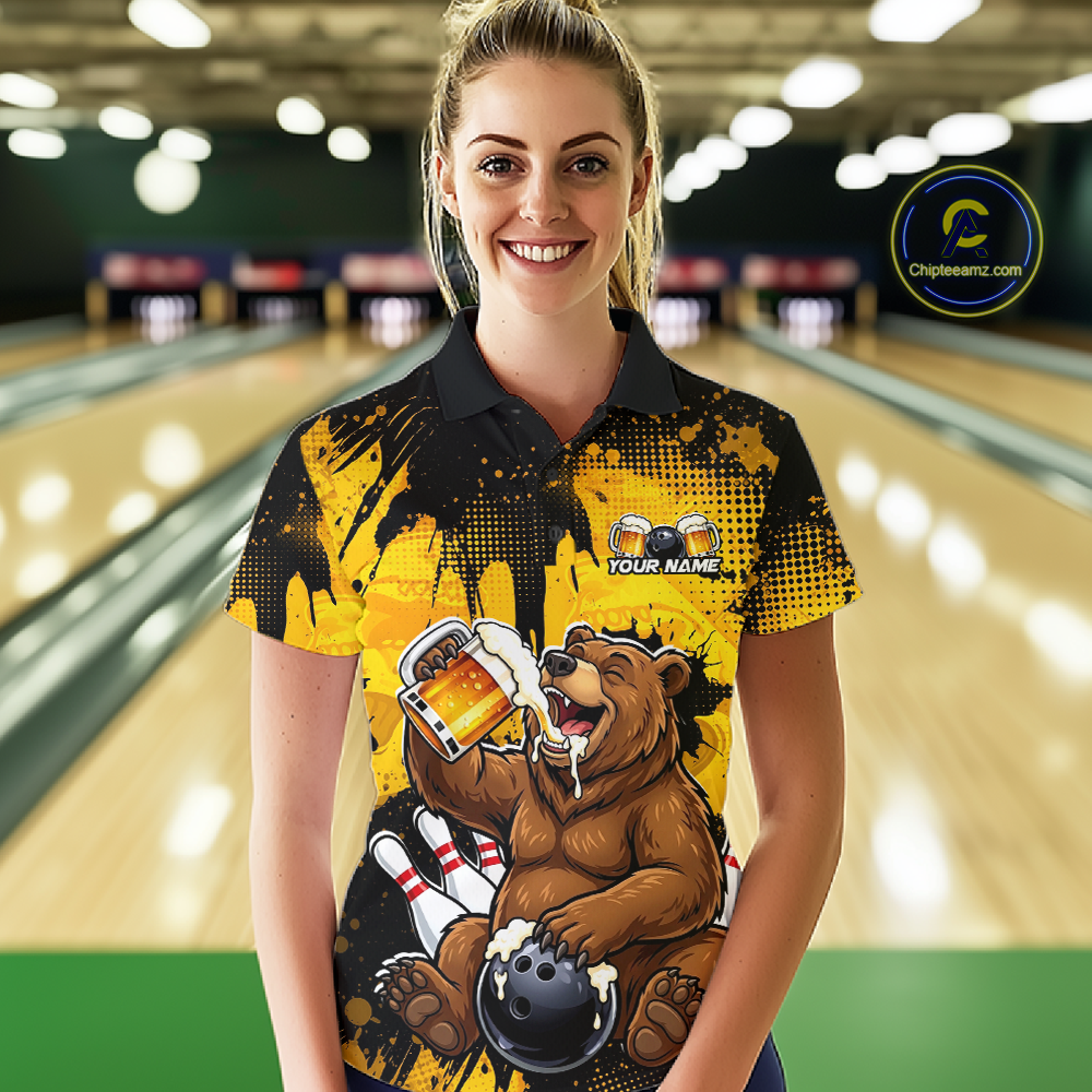 Custom Beer Bear Bowling Jersey for Women Bowling Team Shirts Bowling Polo & 1/4 Zip HNT265