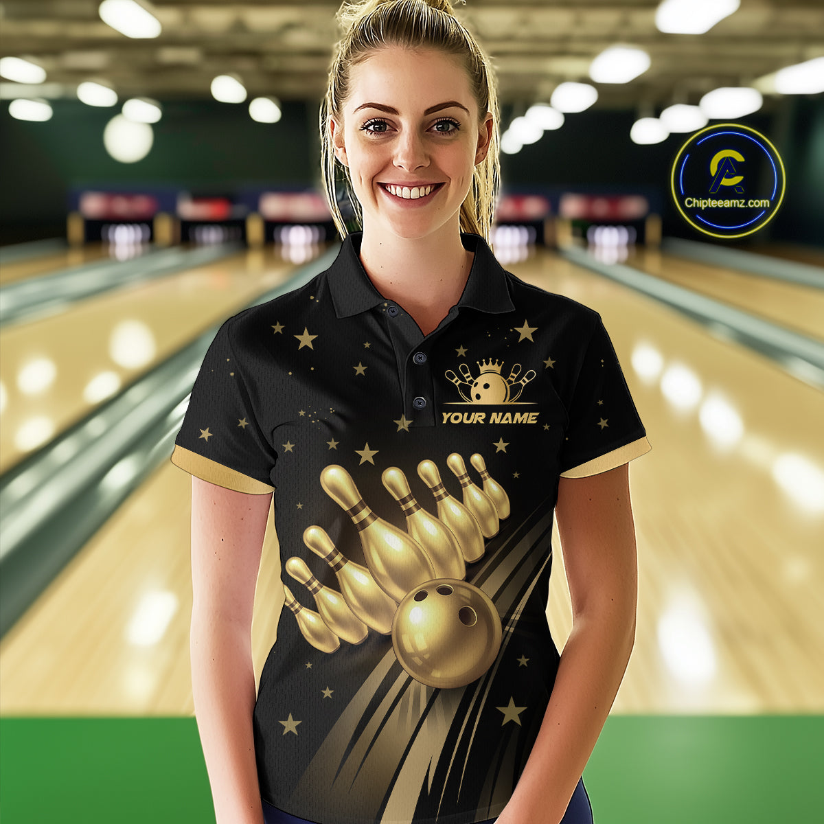 Custom Black and Gold Bowling Jersey for Women Bowling Team Shirts Bowling Uniform Polo & 1/4 Zip HNT176