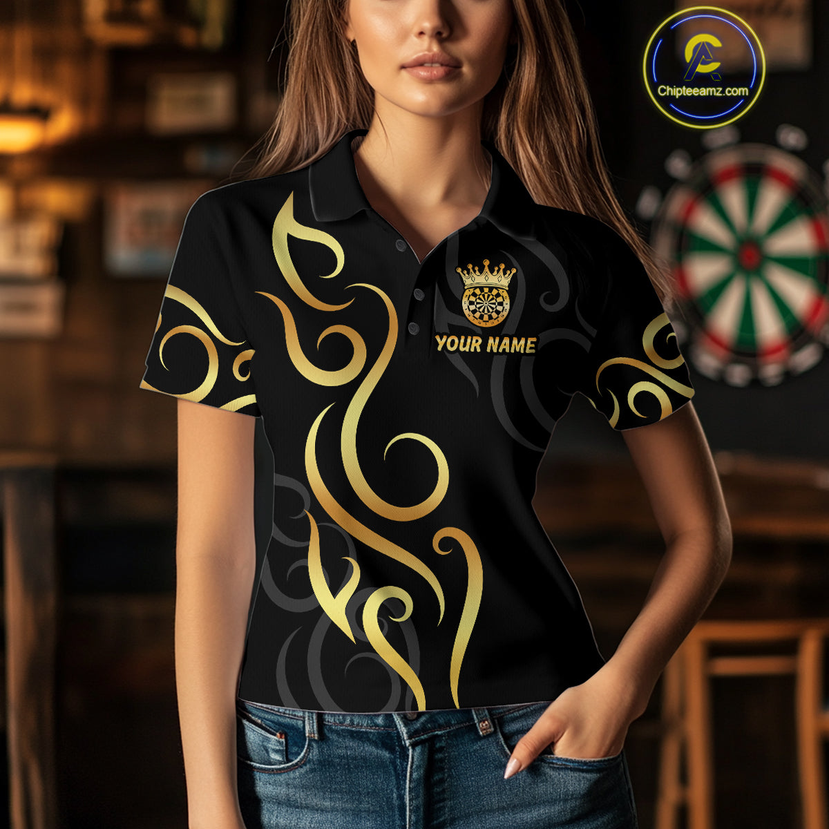 Black And Glowing Gold Dartboard Crown Tribal Darts Shirt For Women Custom Darts Team Jersey TDM4727
