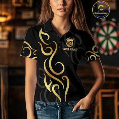 Black And Glowing Gold Dartboard Crown Tribal Darts Shirt For Women Custom Darts Team Jersey TDM4727