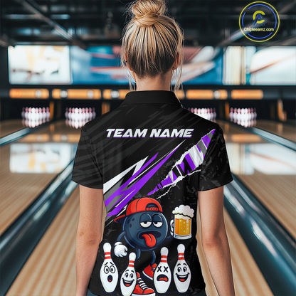 Custom Purple Beer Bowling Jersey for Women Bowling Team Shirts Bowling Uniform Polo & 1/4 Zip HNT133