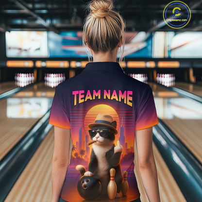 Women’s retro funny cat bowling polo shirt, back view on female model in bowling lane 