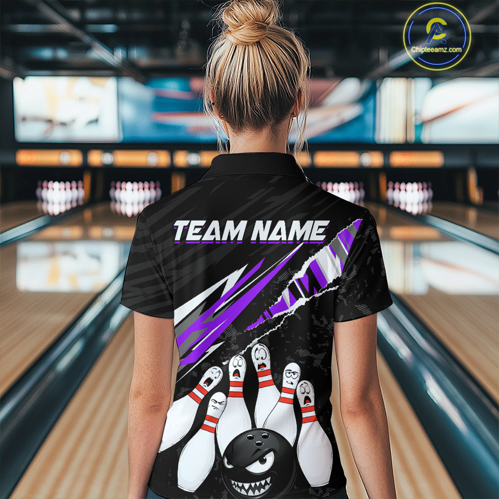 Custom Purple Funny Bowling Jersey for Women Bowling Uniform Polo & 1/4 Zip Bowling Team Shirts HNT128