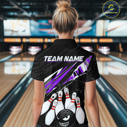 Custom Purple Funny Bowling Jersey for Women Bowling Uniform Polo & 1/4 Zip Bowling Team Shirts HNT128