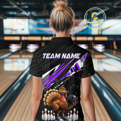 Custom Purple Funny Turkey Bowling Jersey for Women Thanksgiving Bowling Shirts Polo & 1/4 Zip HNT117