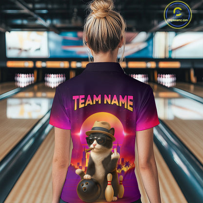 Custom Funny Cat Bowling Jersey for Women Bowling League Polo & 1/4 Zip Bowling Team Shirts HNT142