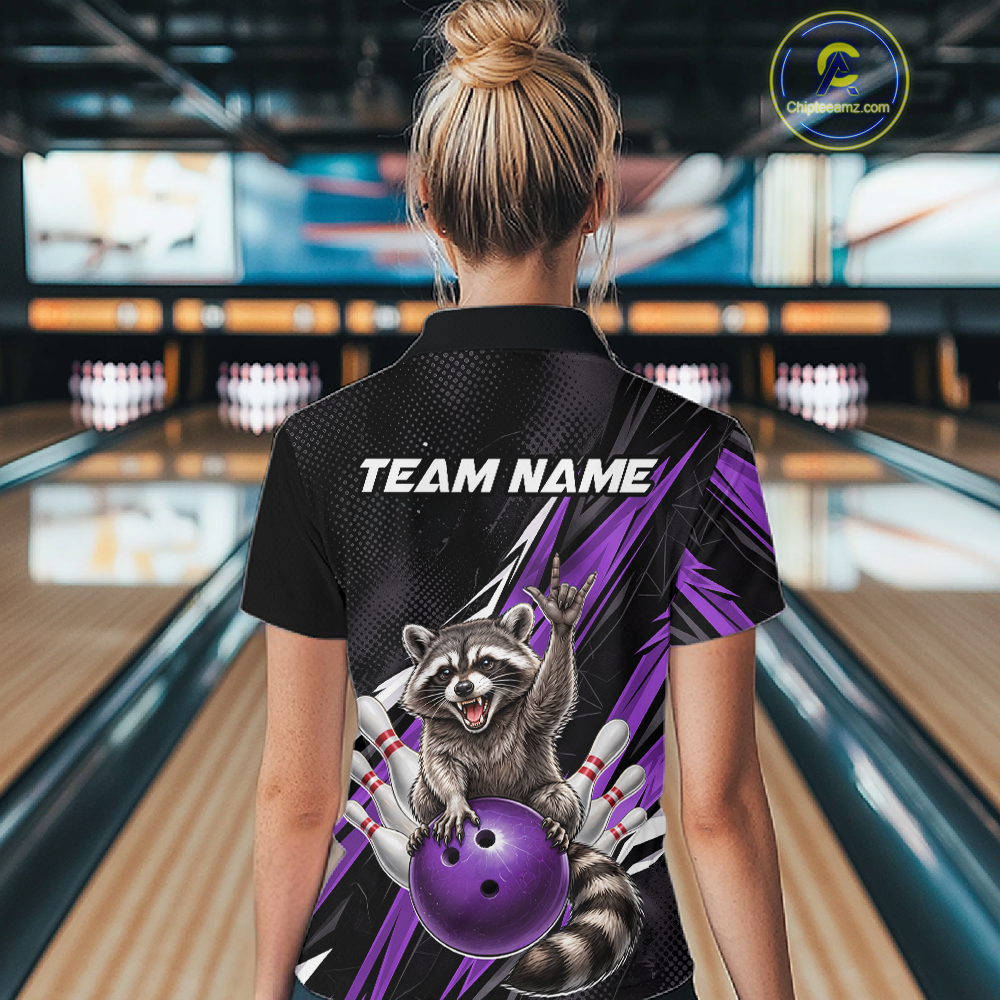 Custom Purple Raccoon Bowling Jersey for Women Bowling Team Shirts Bowling Polo & 1/4 Zip HNT254