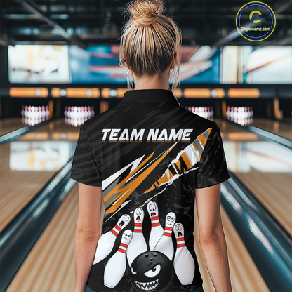 Custom Orange Funny Bowling Jersey for Women Bowling Uniform Polo & 1/4 Zip Bowling Team Shirts HNT128
