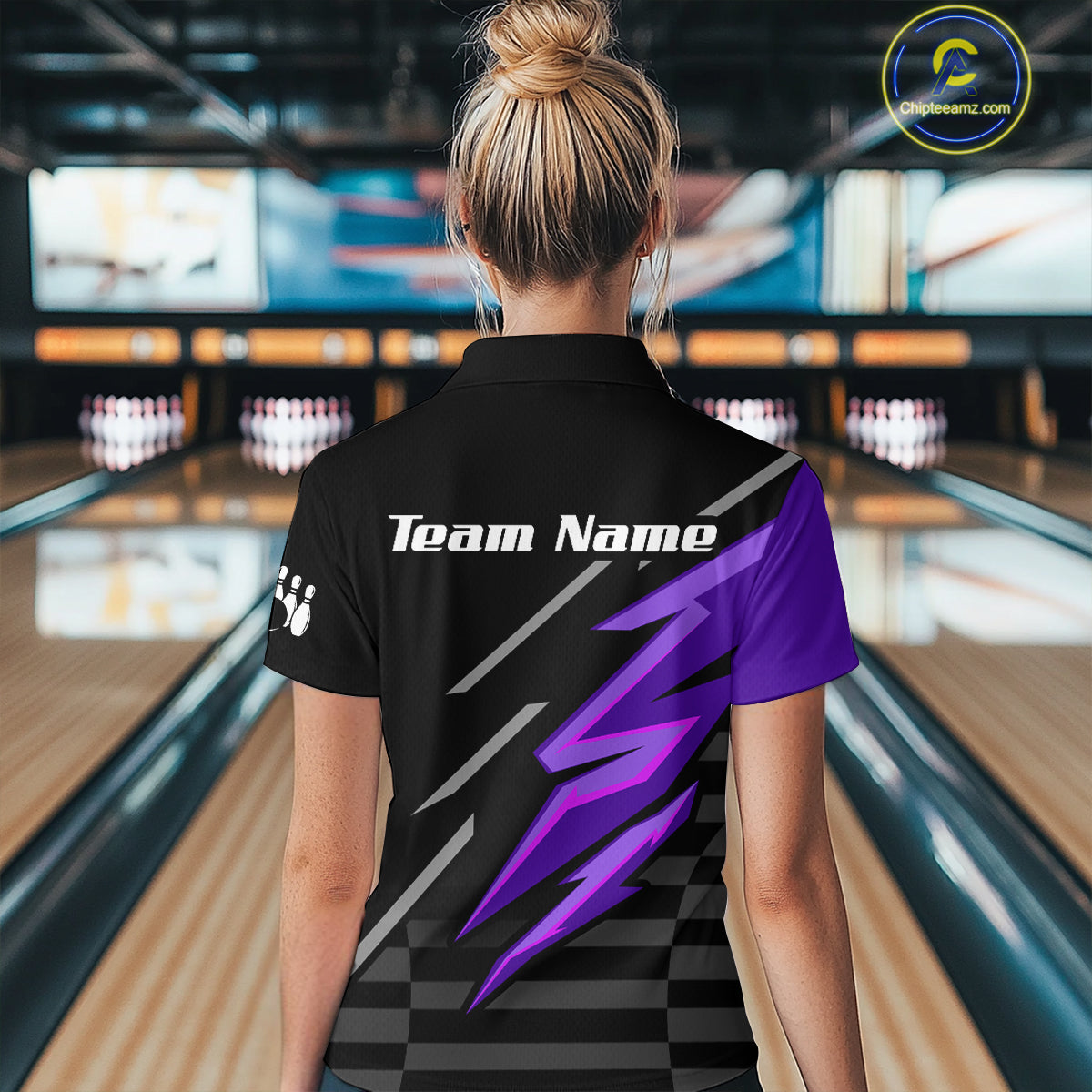 Black and Purple Lightning Bowling Polo, 1/4 Zip Shirt for Women Custom Bowling Team League Jersey NQS10907