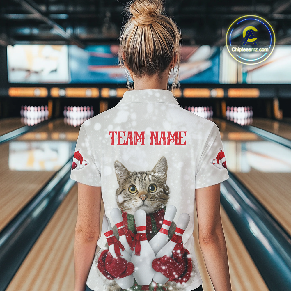Custom Funny Cat Christmas Bowling Jersey for Women Polo & 1/4 Zip Bowling Team Shirts HNT145