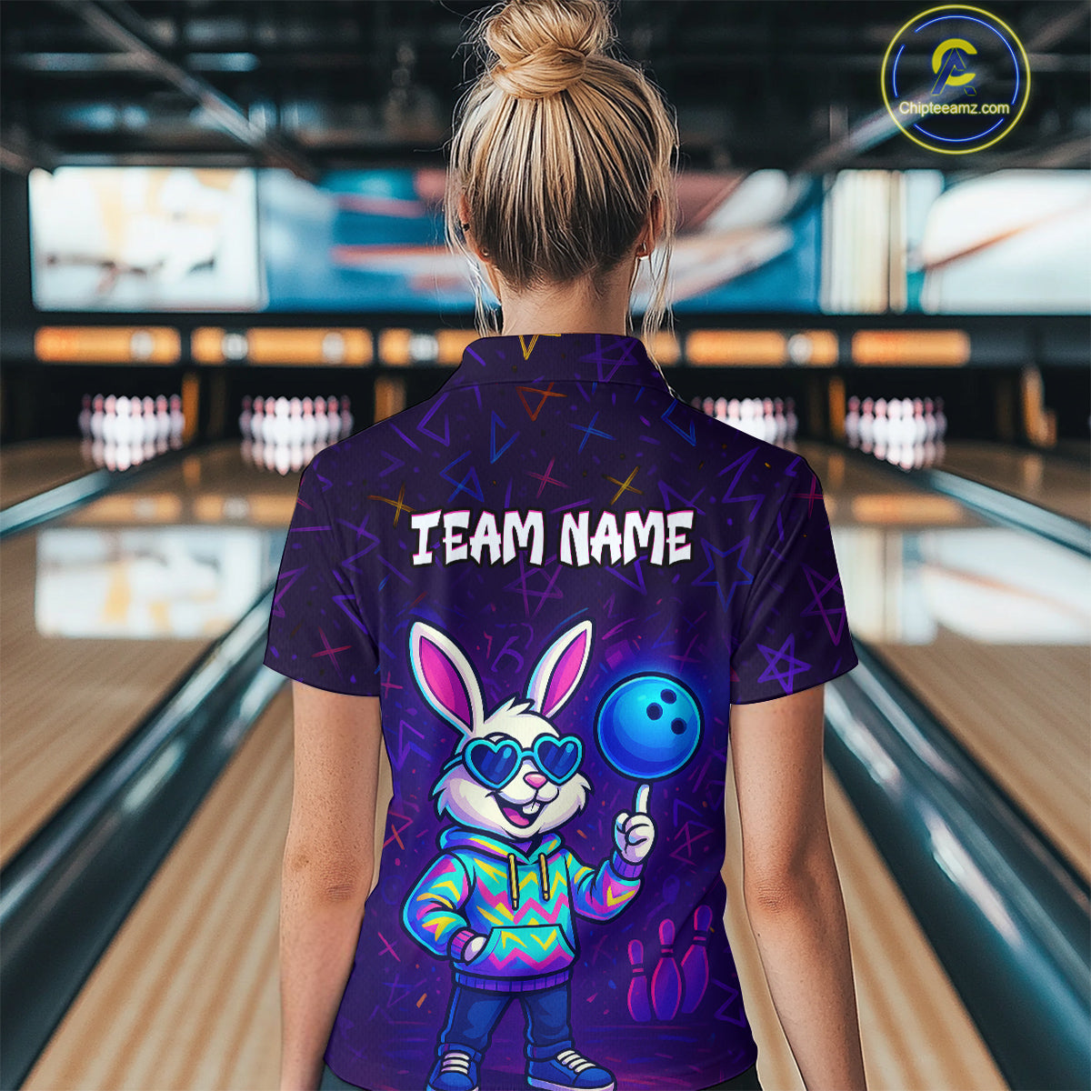 Custom Neon Funny Bunny Bowling Team Shirt Polo & 1/4 Zip Bowling Jersey for Women QZT789