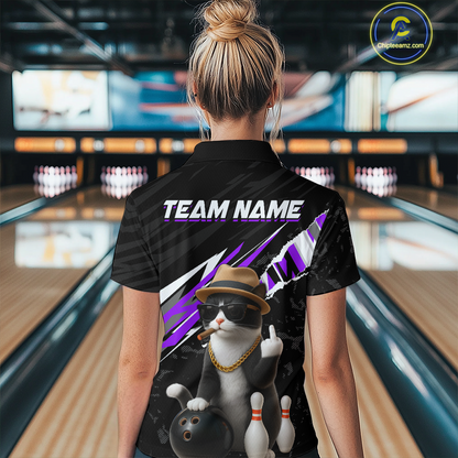 Custom Purple Funny Cat Bowling Jersey for Women Bowling Shirt Polo & 1/4 Zip Bowling Team Shirts HNT136