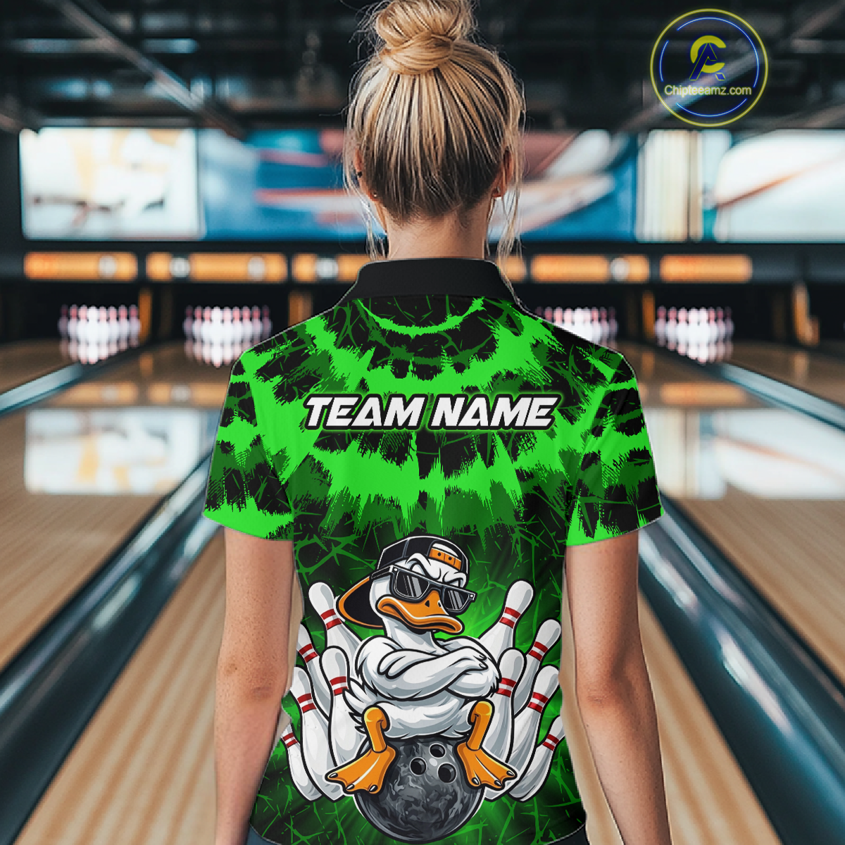 Custom Green Funny Duck Bowling Jersey for Women Bowling Uniform Polo & 1/4 Zip Bowling Team Shirts HNT238