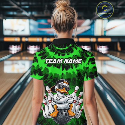 Custom Green Funny Duck Bowling Jersey for Women Bowling Uniform Polo & 1/4 Zip Bowling Team Shirts HNT238