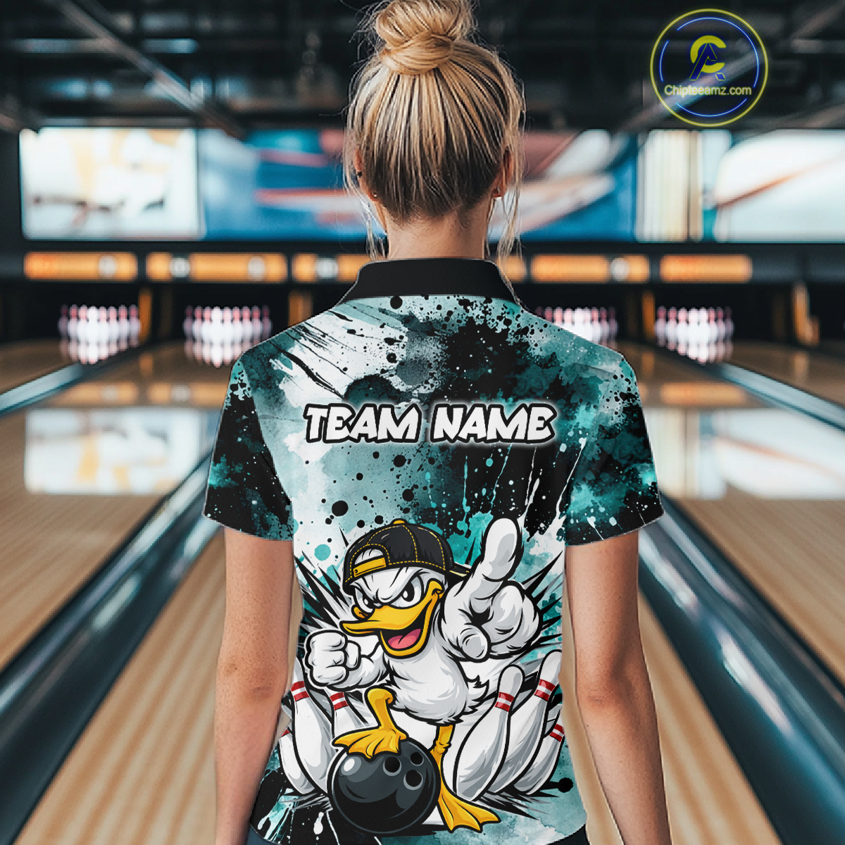 Custom Teal Funny Duck Bowling Jersey for Women Bowling Uniform Polo & 1/4 Zip Bowling Team Shirts HNT237