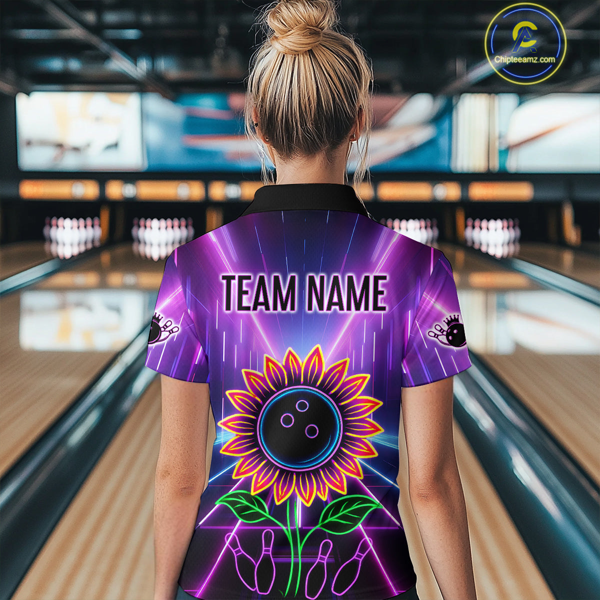 Custom Neon Lightning Sunflower Bowling Shirt Bowling Team Jersey for Women Bowling Polo QZT770