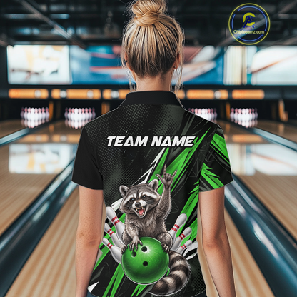 Custom Green Raccoon Bowling Jersey for Women Bowling Team Shirts Bowling Polo & 1/4 Zip HNT254