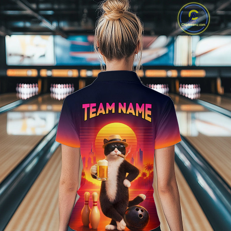Beer Cat Funny Bowling Shirt for Women Retro Custom Cat with Beer Bowling Team Jersey HNT274