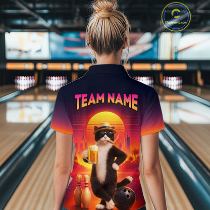 Beer Cat Funny Bowling Shirt for Women Retro Custom Cat with Beer Bowling Team Jersey HNT274